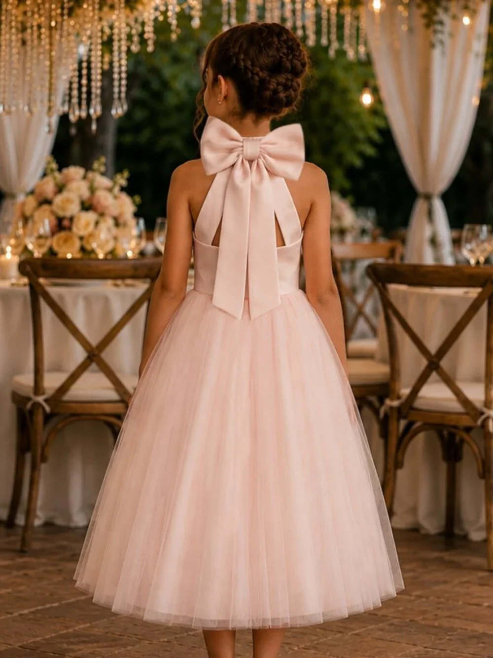 Pink Flower Girl Dress Satin Matte and Tulle Halter/Bow Neck size 8 NWT